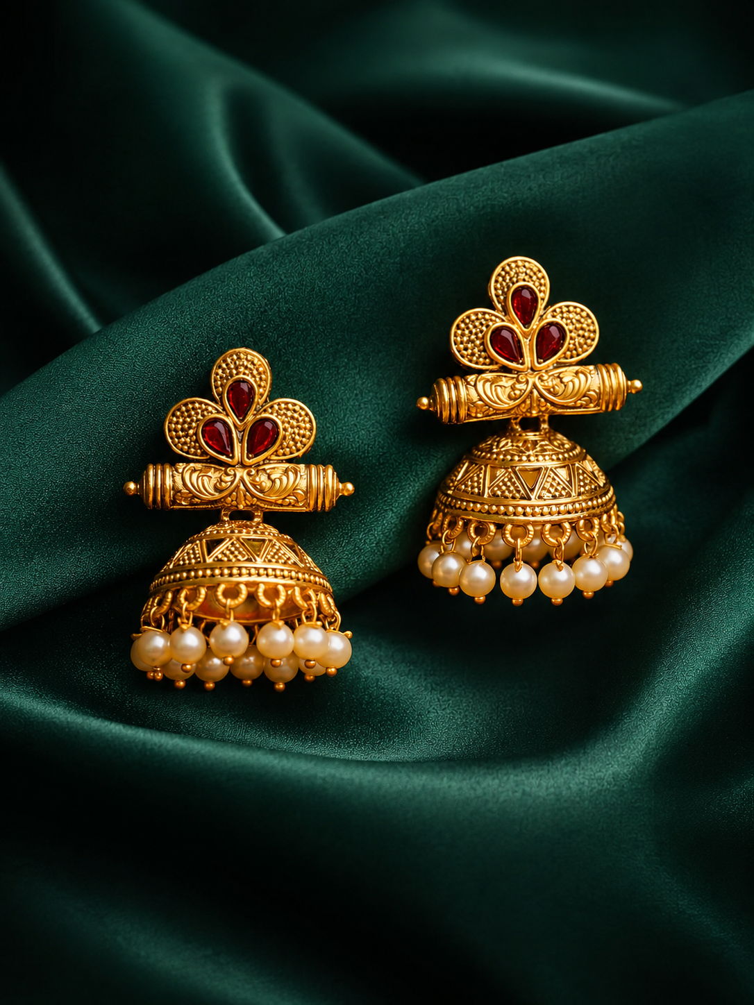 Zevar Club 18K Gold-Plated White Stone Studded Dome Jhumka Earrings with Pearl Danglers