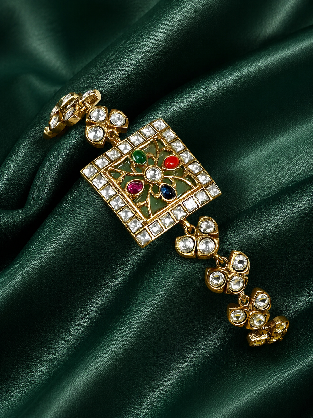 Zevar Club Gold Tone Multicolor Kundan Studded Handcrafted Square Floral Motif Bracelet with Shiny White Stone Drops for Women