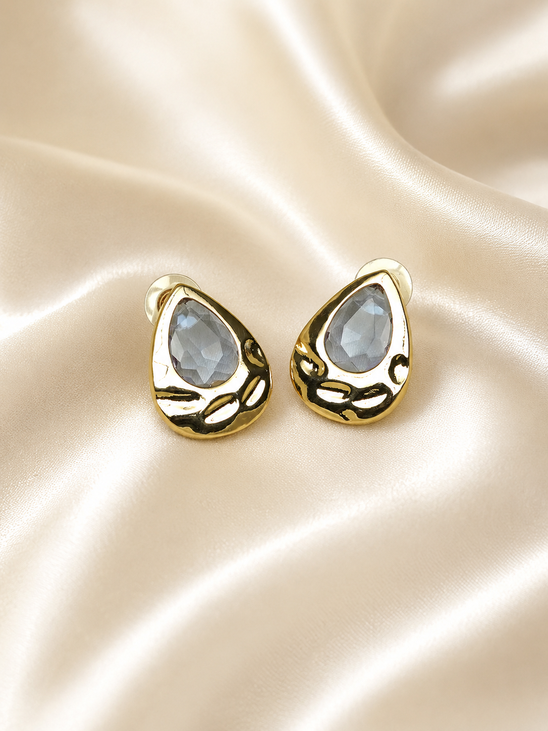 Zevar Club Matte Gold Tone Stainless Steel Tarnish Free Waterproof Tear Drop-Shaped Light Grey Stone Stud Earrings for Women