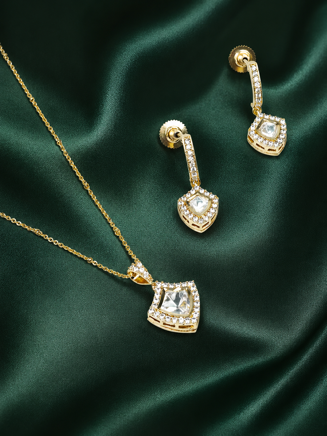 Zevar Club Women 22K Gold-Plated Cubic Zirconia Studded Angular Statement Pendant Necklace Set