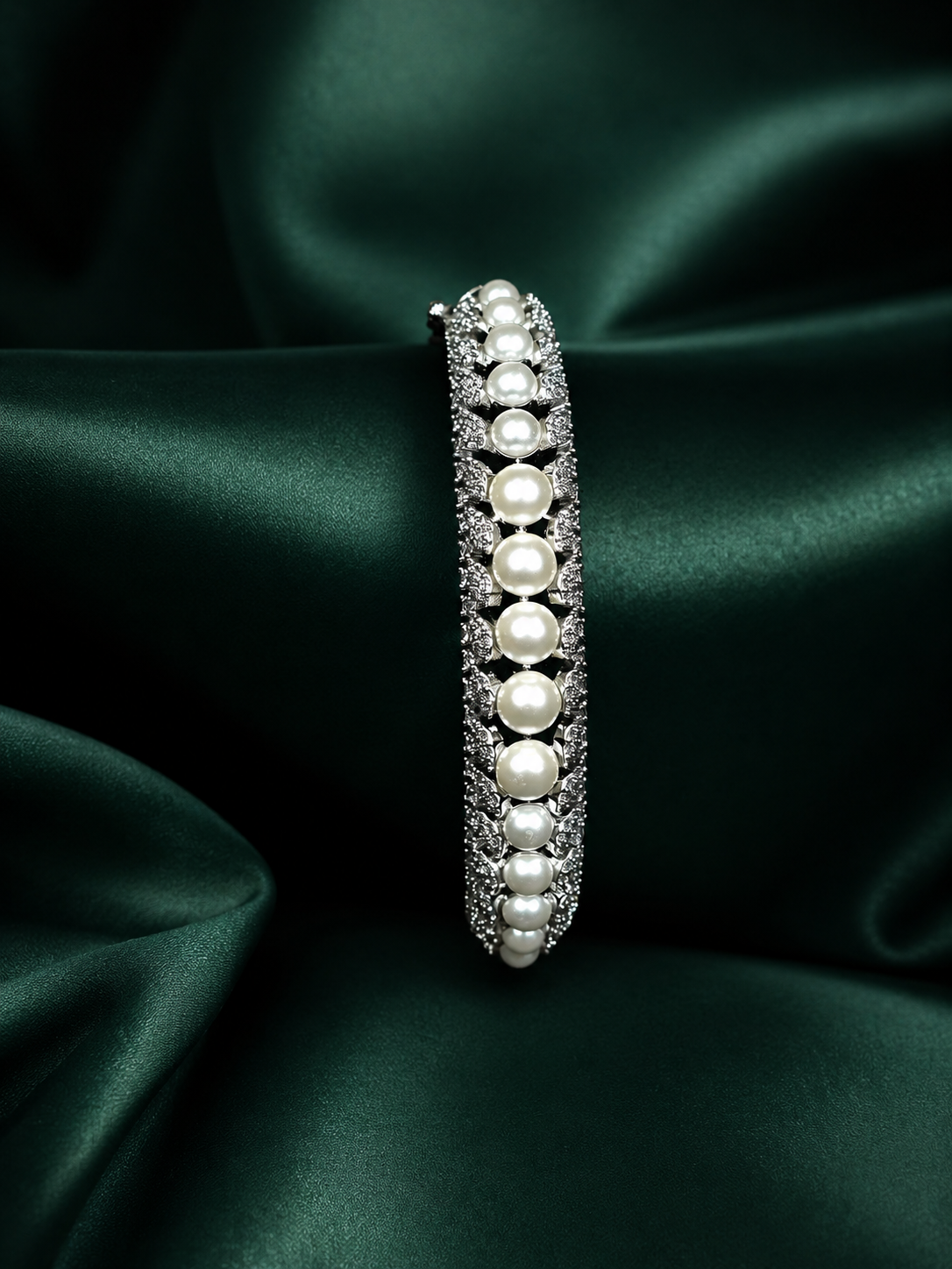 Zevar Club 22K Gold-Plated Handcrafted Pearl Embedded Design AAA Cubic Zirconia Studded Openable Bracelet