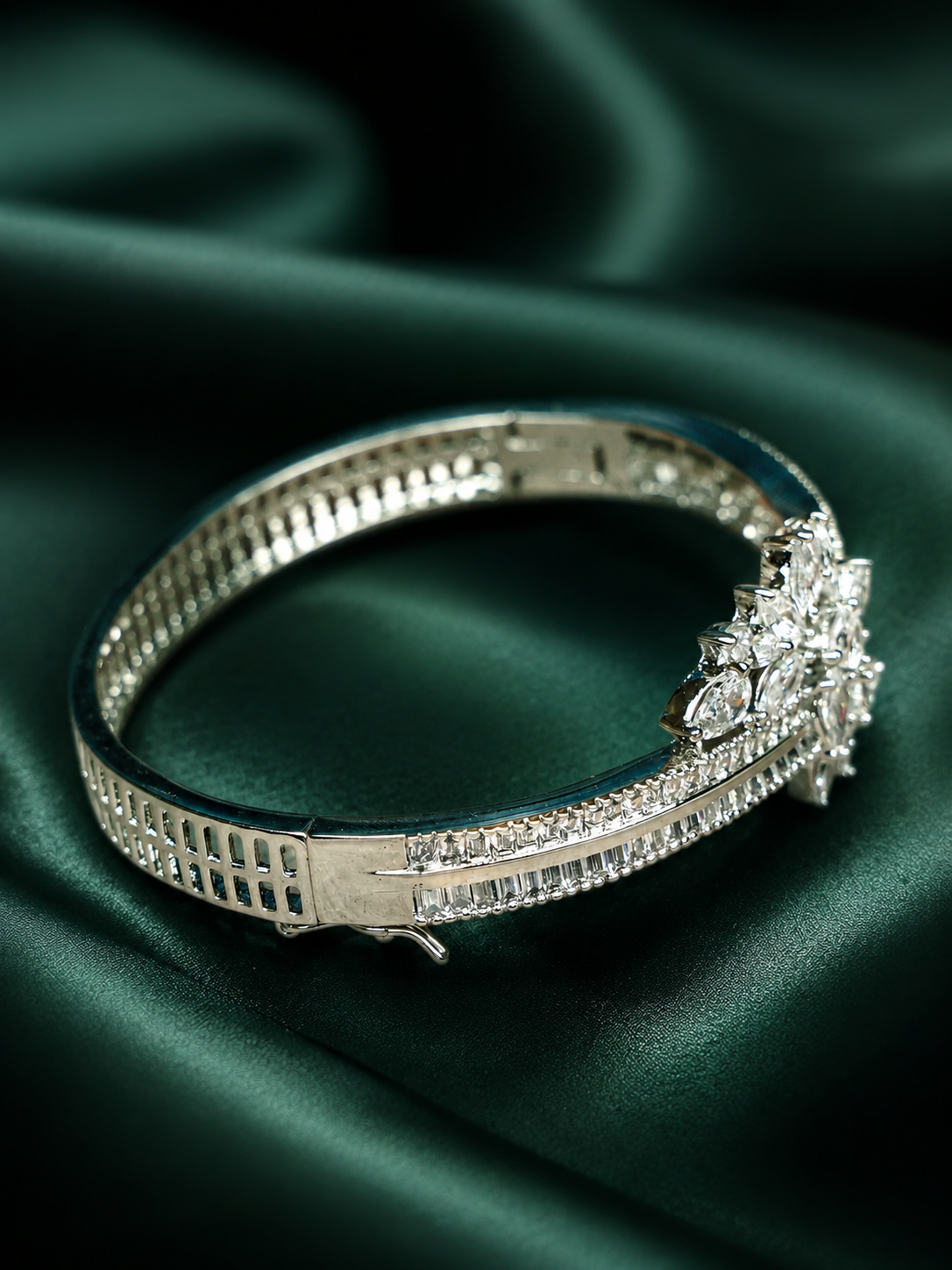 Zevar Club 22K Gold-Plated Floral Cluster Handcrafted AAA CZ Studded Baguette-Lined Openable Bracelet
