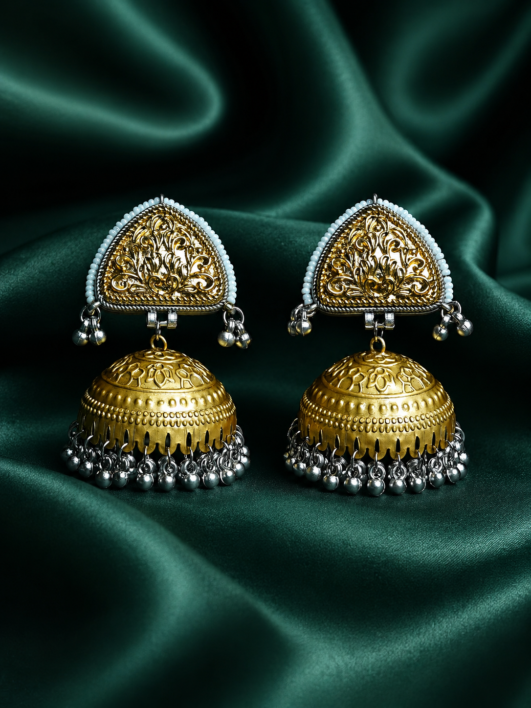 Zevar Club Oxidised Dual-Toned Gold & Silver Triangle Jhumka Earrings with Silver Ghungroo Beads