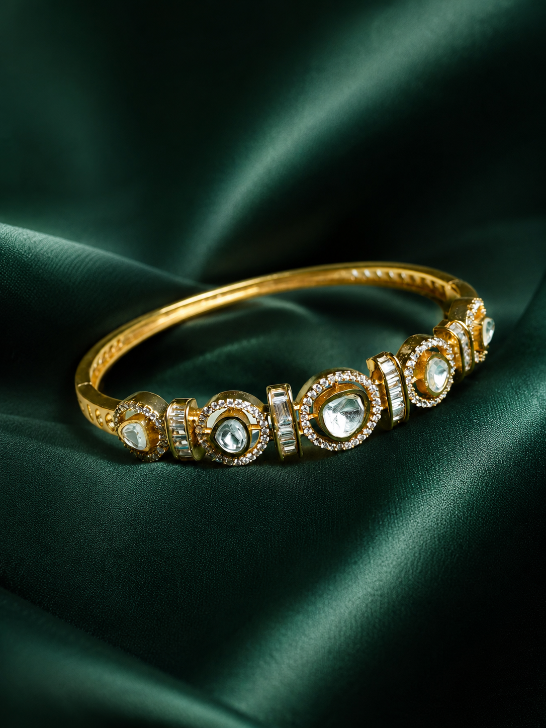 Zevar Club Gold-Toned White Kundan & Cubic Zirconia Studded Emerald Green Luxury Statement Bracelet