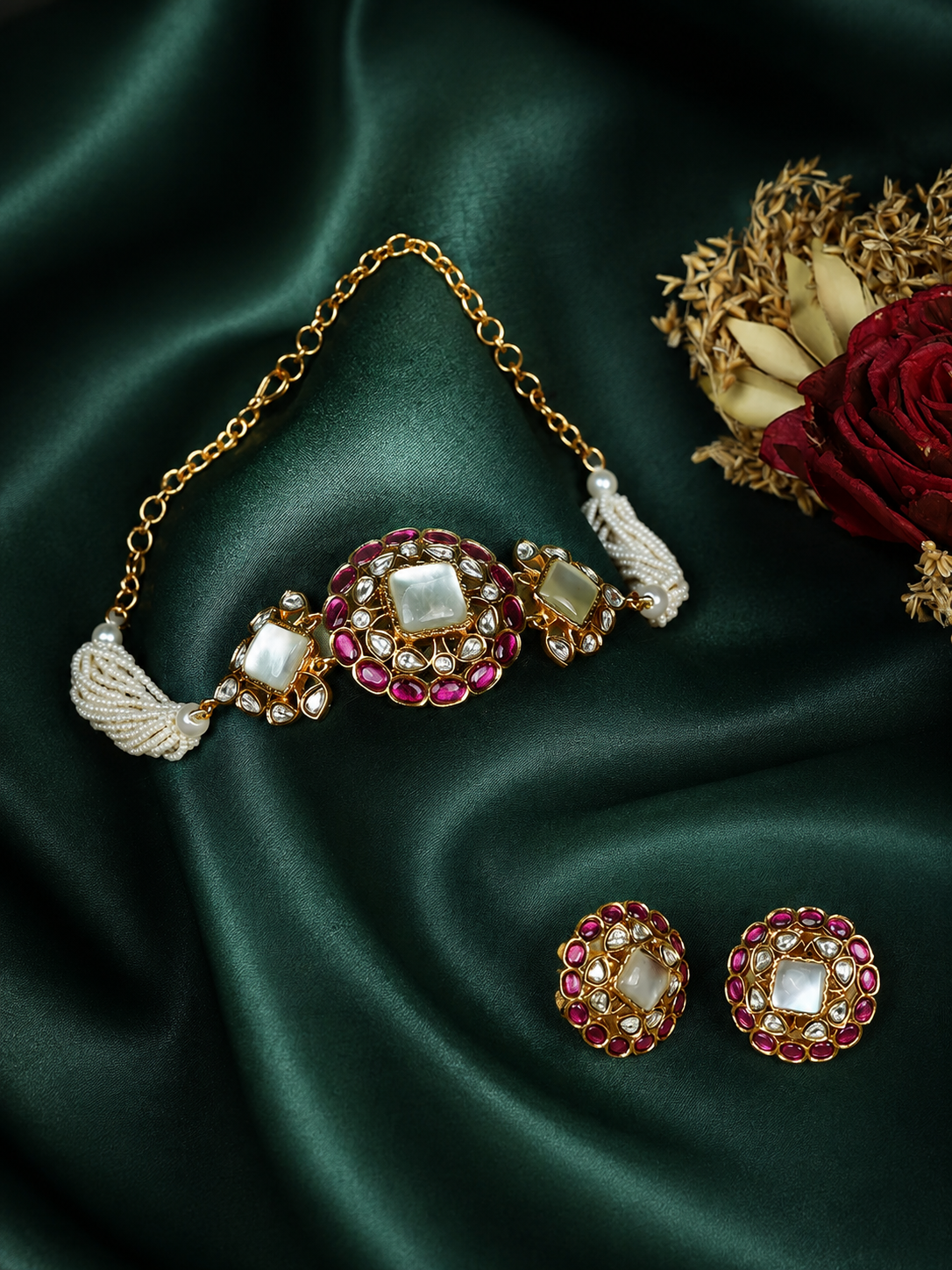 Zevar Club White Stone & Ruby Pink Studded Handcrafted Choker Necklace Set with Kundan & Pearl Beaded Detailing