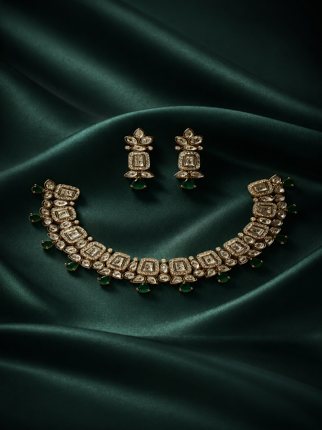 Zevar Club 22K Gold-Plated White Kundan & Emerald Green Studded Cubic Zirconia Accents Bridal Statement Necklace Set