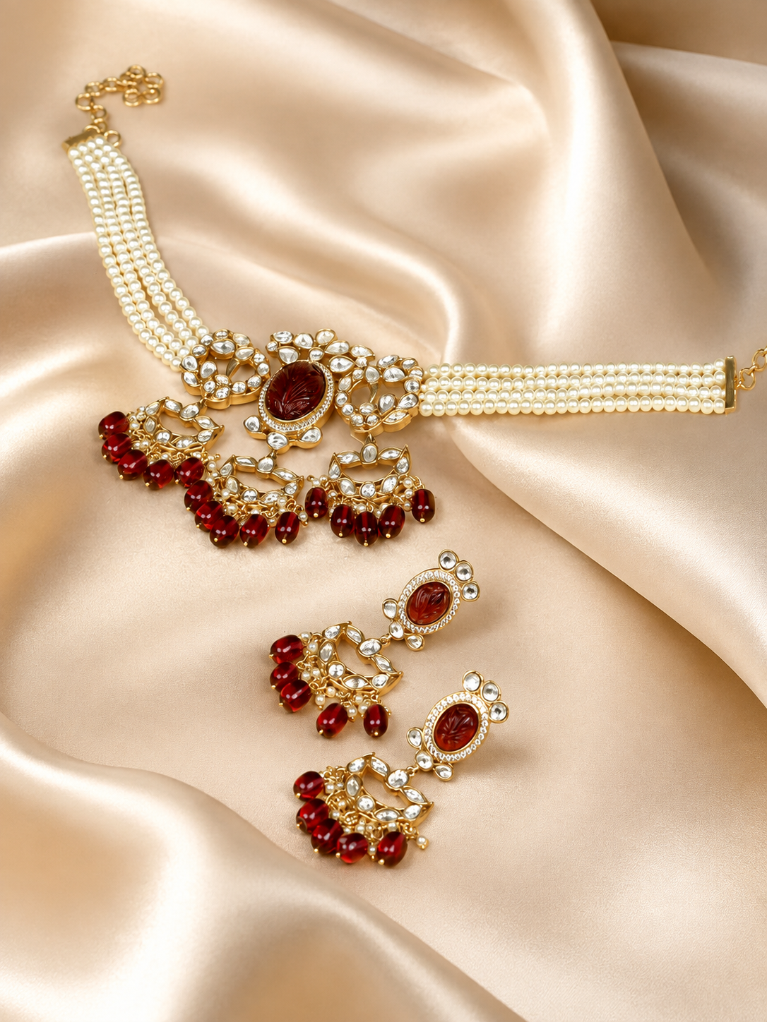 Zevar Club White Pearl Beaded Choker Necklace Set with Maroon Stone & White Kundan Studded Pendant and Earrings for Women