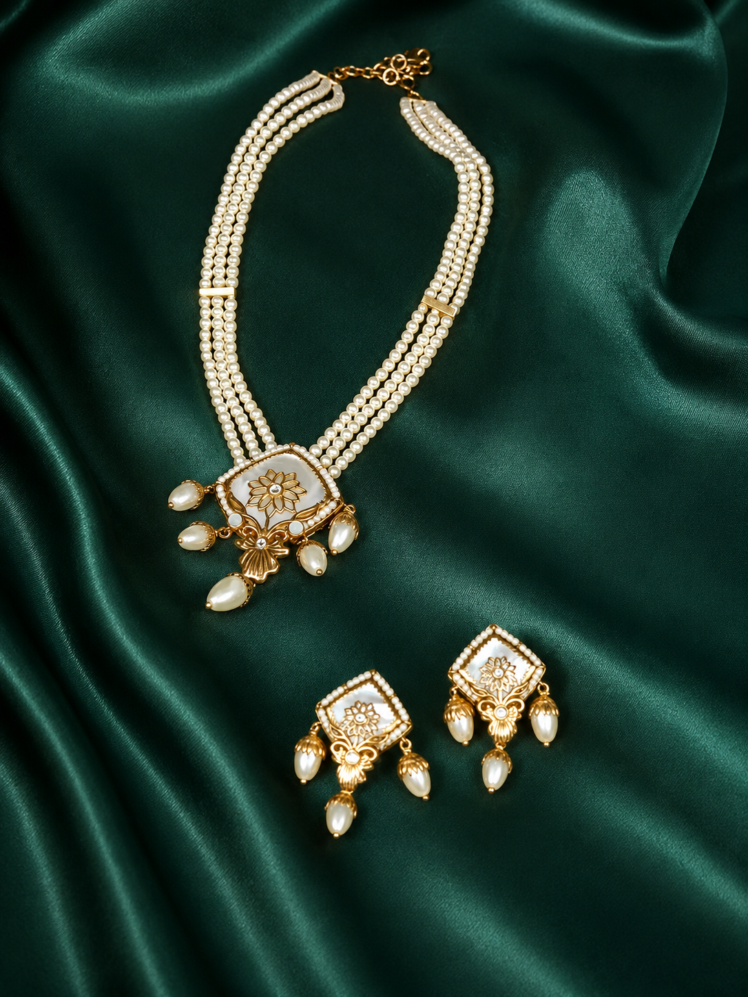 Zevar Club Handcrafted White Stone & Pearl Beaded Floral Engraved Square Pendant Necklace Set with Drop Earrings