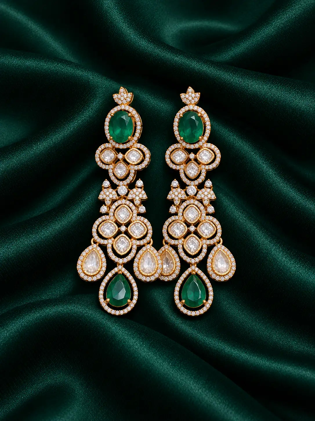 Zevar Club Noorani Emerald Kundan Diamond Fusion Long Earrings